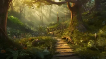 A forest path illuminated by beams of golden sunlight with a wooden bridge amid lush greenery and tall trees.