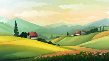 Illustration of rolling green and yellow hills with small houses, mountains in the distance, and flowers in the foreground under a soft cloudy sky.