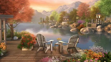 Two Adirondack chairs on a wooden deck overlooking a calm lake surrounded by autumn trees, flowers, and mountains at sunset.