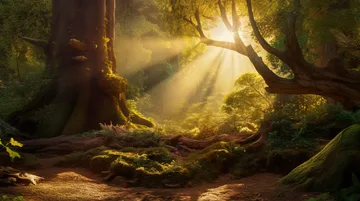Forest with sunlight rays shining through tree branches and moss-covered ground