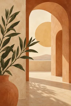 A minimalist arched interior with a potted plant, a large sun and distant hills.