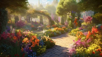 Garden path with colorful blooming flowers, stone archway covered in vines, trees, and a fountain in the background under soft sunlight.