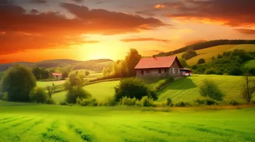A house with a red roof on green hills under a vivid sunset sky with clouds.