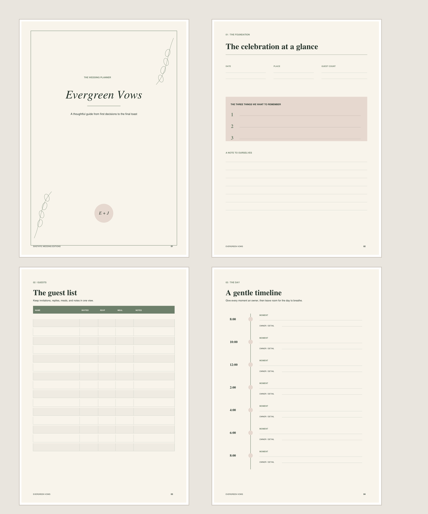 Evergreen Vows Wedding Planner printable PDF preview
