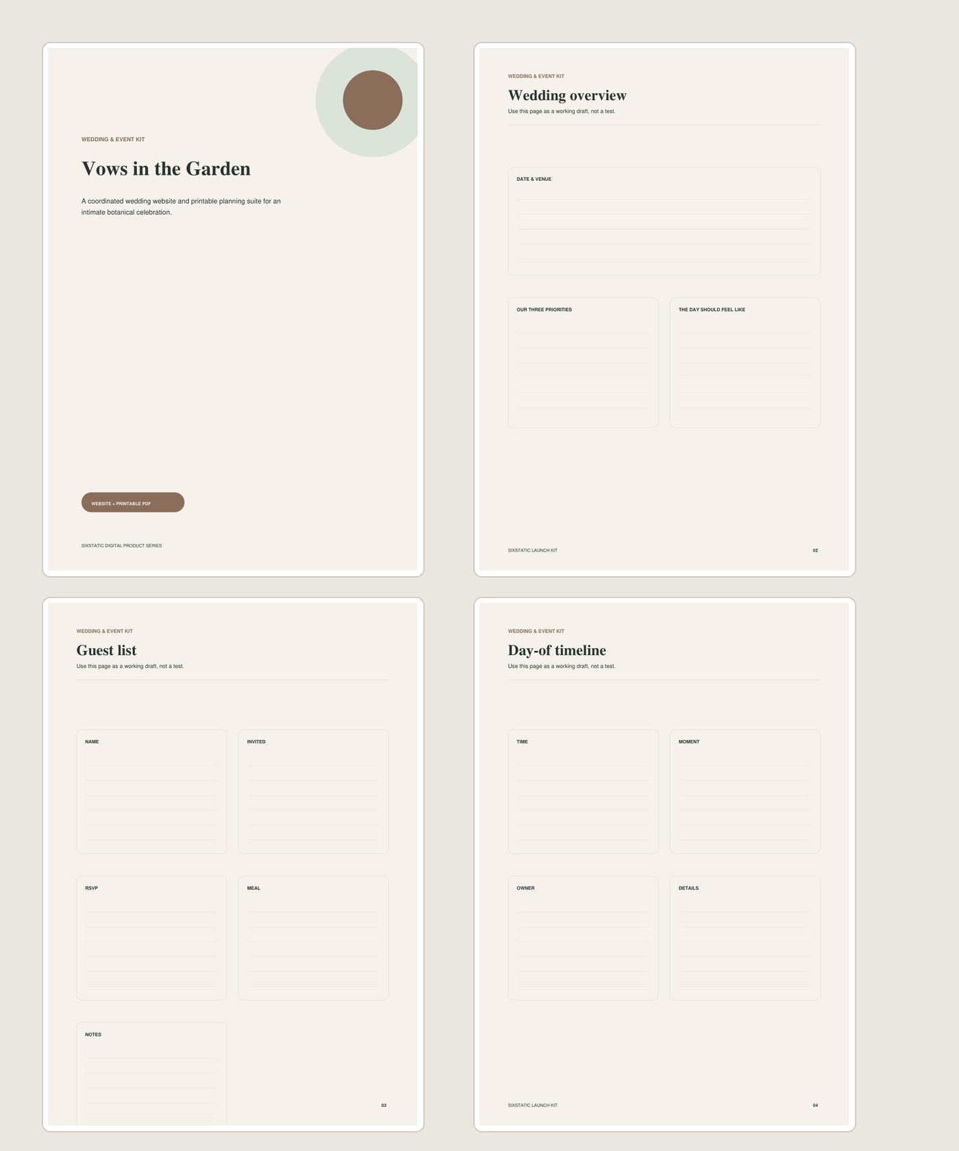Vows in the Garden Wedding Kit printable PDF preview