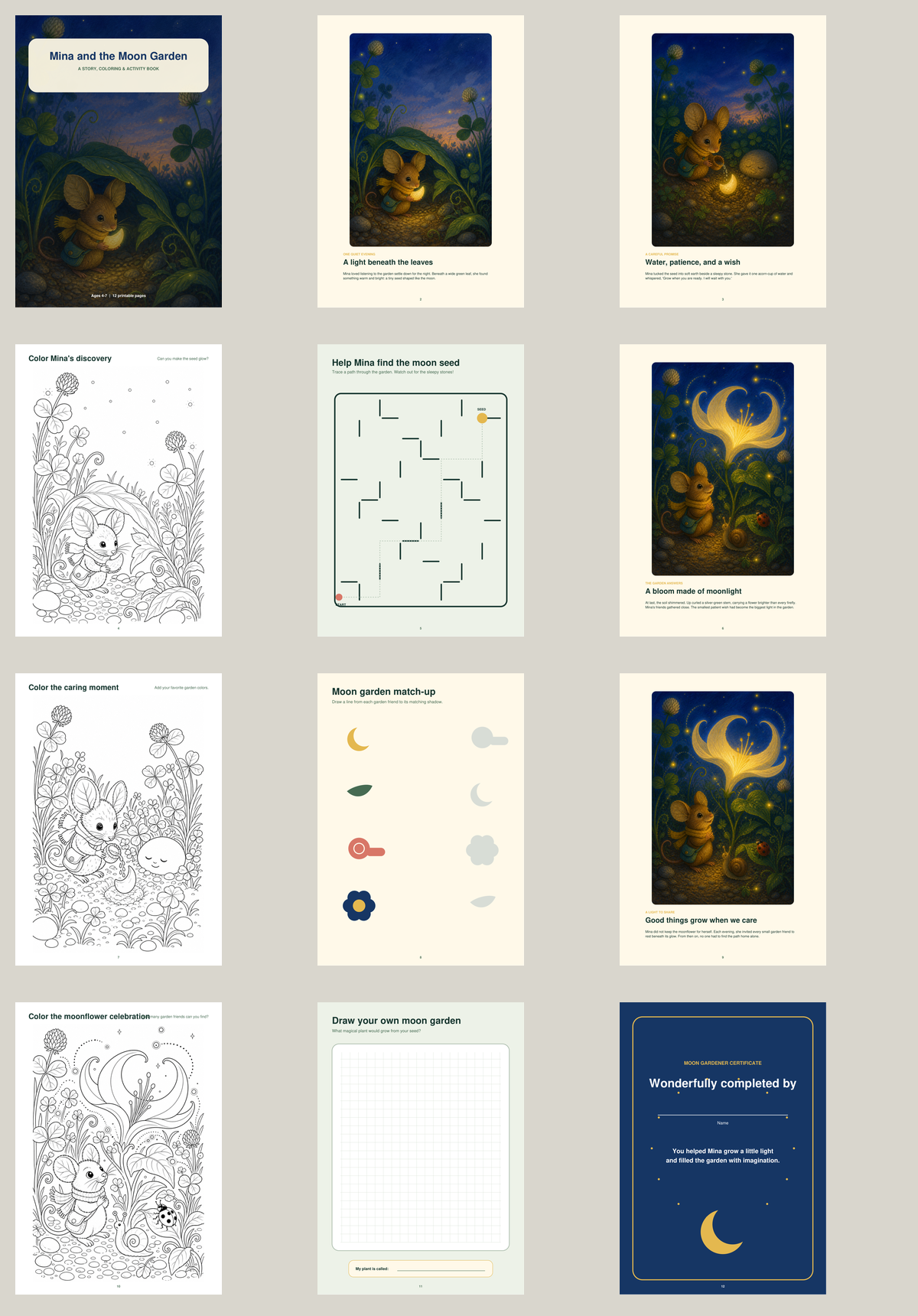 Mina and the Moon Garden printable story and activity book page preview