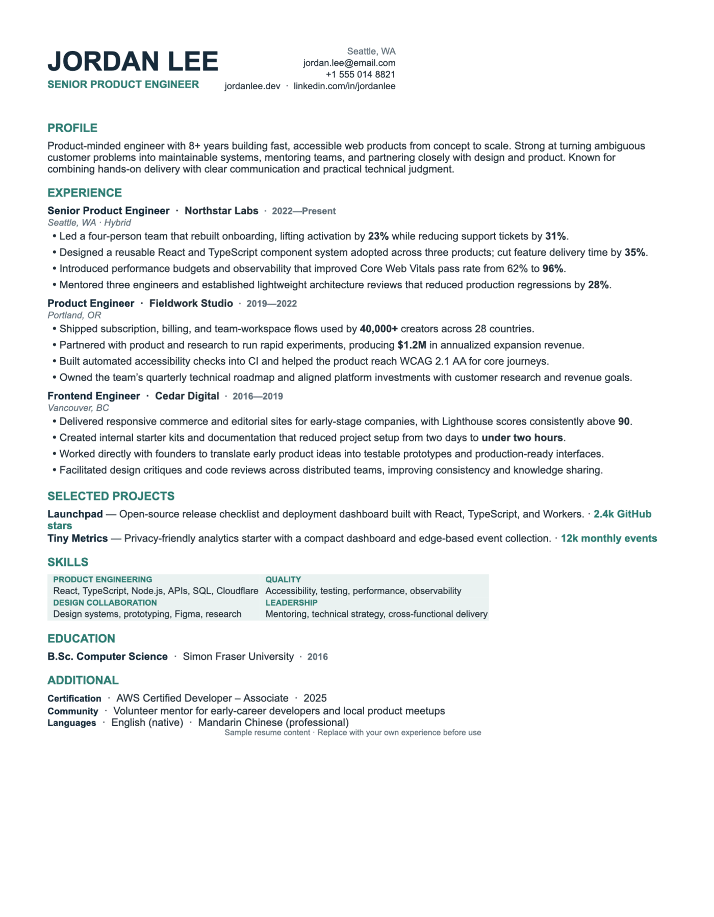 Product engineer resume template preview