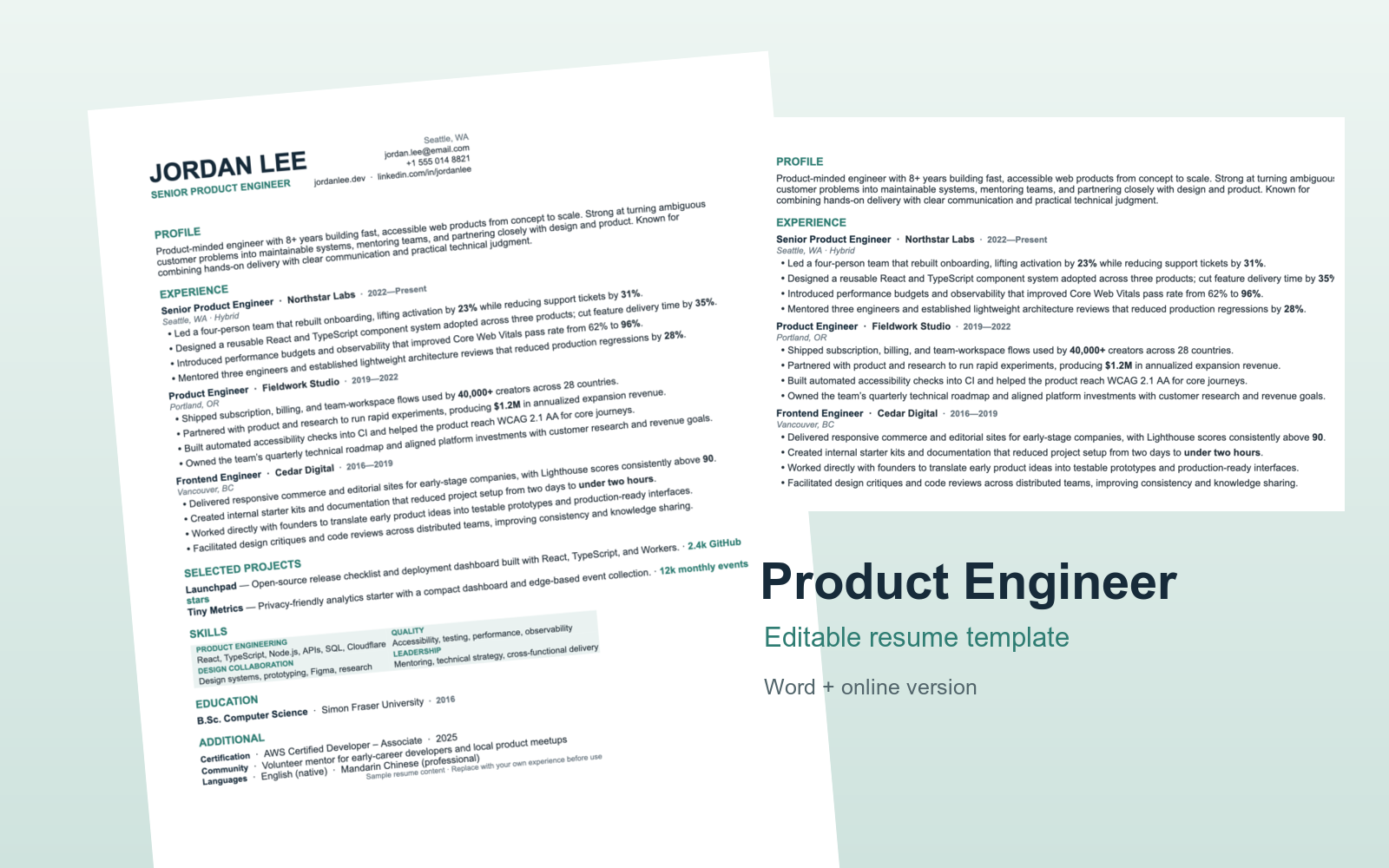 Product Engineer Resume & Web Profile